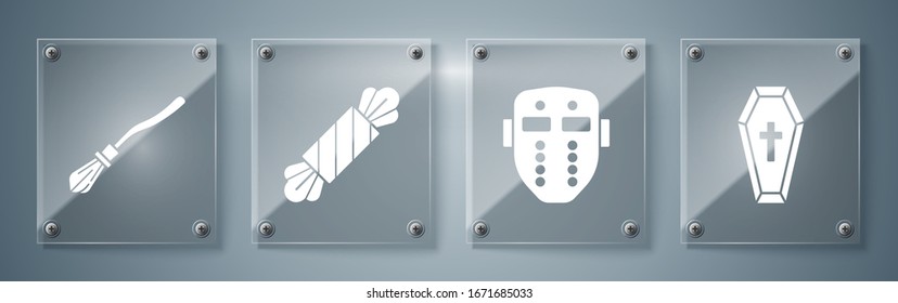 Set Coffin with christian cross , Hockey mask , Candy  and Witches broom . Square glass panels. Vector