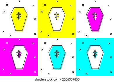 Set Coffin with christian cross icon isolated on color background. Happy Halloween party.  Vector