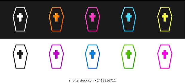 Set Coffin with christian cross icon isolated on black and white background. Happy Halloween party.  Vector