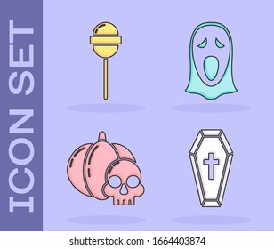 Set Coffin with christian cross , Lollipop , Pumpkin and skull  and Funny and scary ghost mask for Halloween  icon. Vector