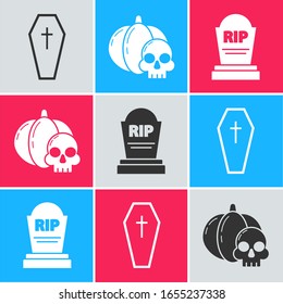 Set Coffin with christian cross , Pumpkin and skull  and Tombstone with RIP icon. Vector