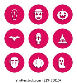 Set Coffin with christian cross, Pumpkin, Ghost, Witch hat, Hockey mask, Flying bat,  and  icon. Vector