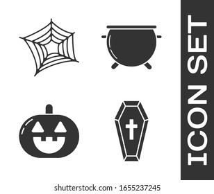 Set Coffin with christian cross , Spider web , Pumpkin  and Halloween witch cauldron  icon. Vector