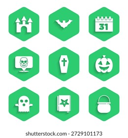 Conjunto ataúd con cruz, libro de magia antigua, caldero de bruja de Halloween, calabaza, fantasma, calavera, calendario e icono de castillo. Vector