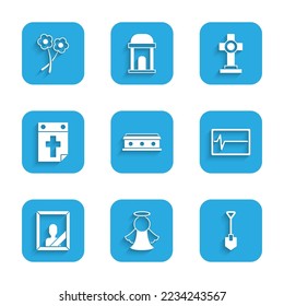 Set Coffin with cross, Angel, Shovel, Beat dead monitor, Mourning photo frame, Calendar death, Grave and Flower icon. Vector