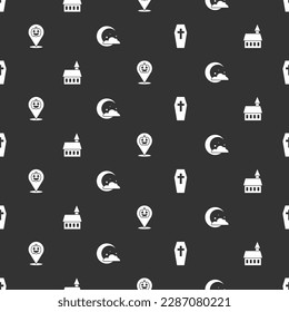Set Coffin with cross, Castle, Pumpkin and Moon and stars on seamless pattern. Vector
