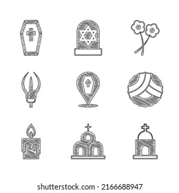 Set Coffin with cross, Church building, Old crypt, Memorial wreath, Burning candle, Lily flower, Flower and  icon. Vector