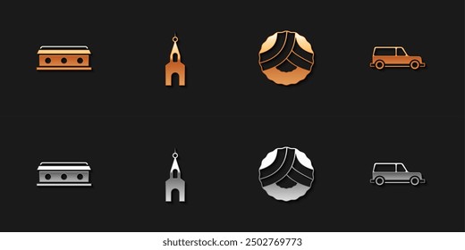Set Coffin with cross, Church building, Memorial wreath and Hearse car icon. Vector