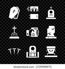 Set Sarg mit Kreuz, Krematorium, Grab Grabstein, Metallic Nägel, und Tod Zertifikat Handsymbol. Vektorgrafik