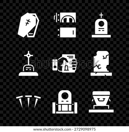 Set Coffin with cross, Crematorium, Grave tombstone, Metallic nails,  and Death certificate hand icon. Vector