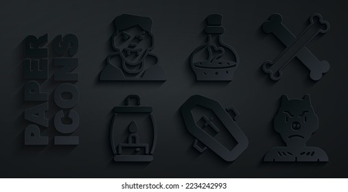 Set Coffin with cross, Crossed bones, Camping lantern, Krampus, heck, Bottle potion and Vampire icon. Vector