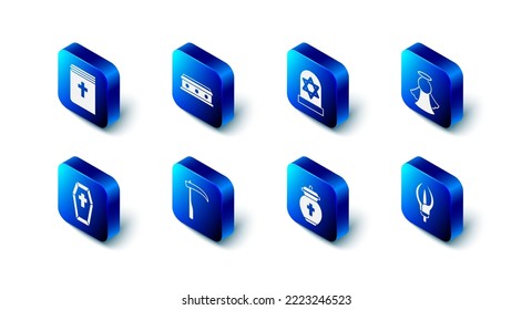 Set Coffin with cross, Grave star david, Angel, Lily flower, Funeral urn, Scythe,  and Holy bible book icon. Vector