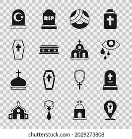 Set Coffin with cross, Grave tombstone, Tear cry eye, Memorial wreath, Muslim cemetery and Church building icon. Vector