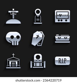 Set Coffin with cross, Grave tombstone, Speech bubble rip death, dead, Old crypt, Skull, Beat monitor and  icon. Vector