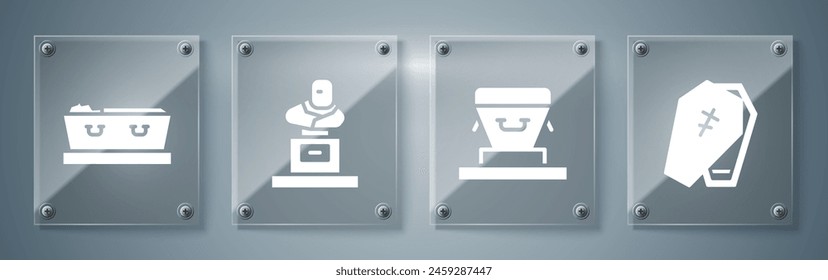 Set Coffin with cross, Coffin, Grave with tombstone and Coffin with dead. Square glass panels. Vector
