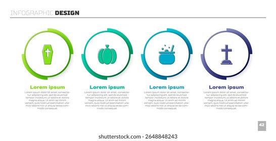 Set Coffin with cross, Pumpkin, Halloween witch cauldron and Tombstone. Business infographic template. Vector