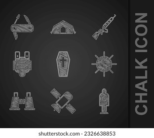 Set Coffin with cross, Satellite, Human target sport for shooting, Naval mine, Binoculars, Bulletproof vest, Sniper rifle scope and Swiss army knife icon. Vector
