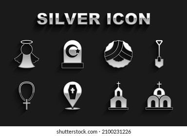 Set Coffin with cross, Shovel, Church building, Christian on chain, Memorial wreath, Angel and Muslim cemetery icon. Vector