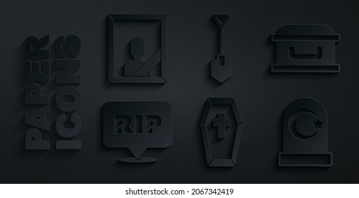 Set Coffin with cross, Speech bubble rip death, Muslim cemetery, Shovel and Mourning photo frame icon. Vector