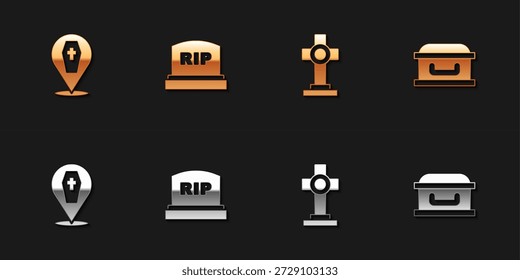 Set Coffin with cross, Tombstone RIP written, Grave and  icon. Vector
