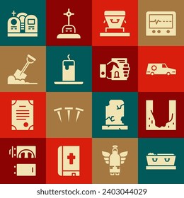 Set Coffin with dead, Cemetery digged grave hole, Hearse car, Burning candle, Shovel the ground, Grave tombstone and Death certificate hand icon. Vector