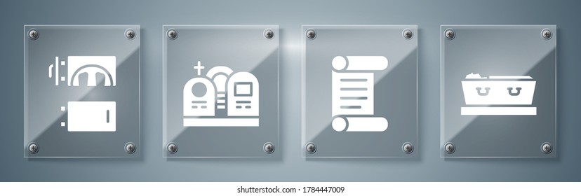 Set Coffin with dead, Decree, parchment, scroll, Grave with tombstone and Crematorium. Square glass panels. Vector