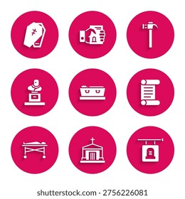 Set Coffin with dead, Old crypt, Signboard tombstone, Decree, parchment, scroll, Dead body the morgue, Grave, Hammer and cross icon. Vector