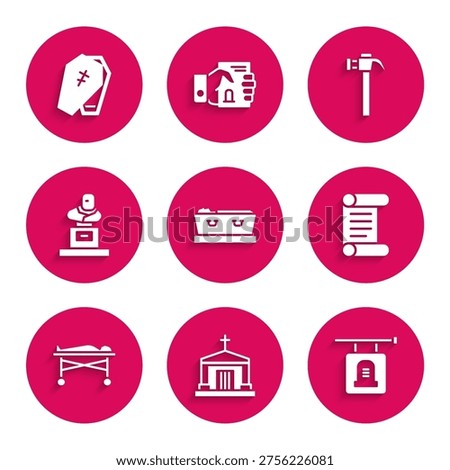 Set Coffin with dead, Old crypt, Signboard tombstone, Decree, parchment, scroll, Dead body the morgue, Grave, Hammer and cross icon. Vector