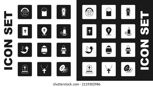 Set Coffin, Location church building, Holy bible book, Basket with easter eggs, Burning candle candlestick, Easter cake, Church pastor preaching and Dove icon. Vector