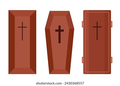 Set of coffins. Brown beautiful wooden coffin with cross on the lid. Vector illustration of accessories for death