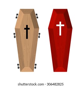 Satz von Särgen. Roter schöner teurer Sarg und ein Holzkorb. Vektorgrafik von Accessoires für den Tod.
