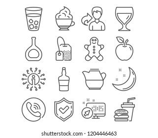 Set of Cognac bottle, Gingerbread man and Tea bag icons. Milk jug, Wine glass and Scotch bottle signs. Cappuccino cream, Ice tea and Hamburger symbols. Brandy alcohol, Christmas cookie, Brew hot drink