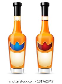 Set of cognac bottles and glass with labels. Vector