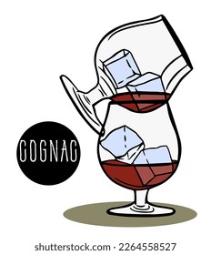 set of cognac compositions. Two glasses with the remains of cognac and ice cubes are on top of each other. alcohol, brandy or cognac in a drink glass, alcoholic cocktail.