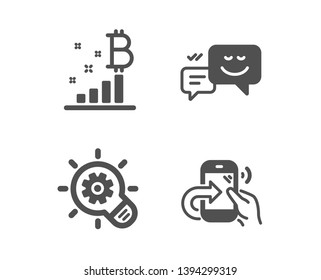 Set of Cogwheel, Bitcoin graph and Happy emotion icons. Share call sign. Idea bulb, Cryptocurrency analytics, Web chat. Phone support.  Classic design cogwheel icon. Flat design. Vector