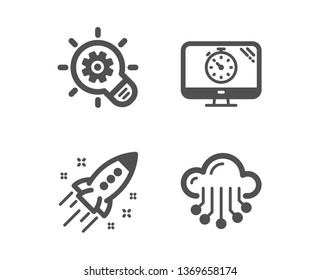 Set of Cogwheel, Seo timer and Startup rocket icons. Cloud storage sign. Idea bulb, Analytics, Business innovation. Data service.  Classic design cogwheel icon. Flat design. Vector