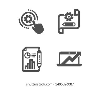 Set of Cogwheel settings, Cogwheel blueprint and Report document icons. Sales diagram sign. Engineering tool, Edit settings, Growth chart. Sale growth chart.  Classic design cogwheel settings icon