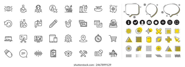 Set of Cogwheel, Share and Spanner tool line icons for web app. Design elements, Social media icons. Usb stick, Open box, Analytics graph icons. Scroll down, Sound wave, Teamwork signs. Vector