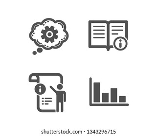 Set of Cogwheel, Technical info and Manual doc icons. Histogram sign. Engineering tool, Documentation, Project info. Economic trend.  Classic design cogwheel icon. Flat design. Vector