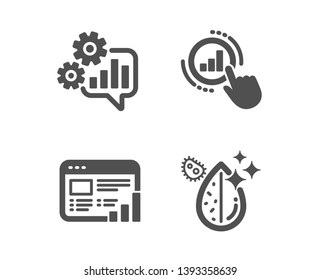 Set of Cogwheel, Web report and Graph chart icons. Dirty water sign. Engineering tool, Graph chart, Get report. Aqua drop.  Classic design cogwheel icon. Flat design. Vector
