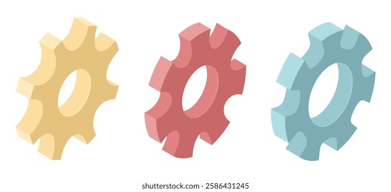 Set of cogwheels - hand drawn isometric vector illustration.