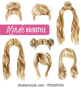 Set of coiffures for blond women with stylish haircuts and long hair, braided strands isolated vector illustration 
