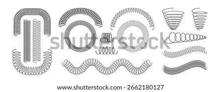 Set of coil spring in line, circle, arch and wave shapes isolated on white background. Different metal wire spirals. Slinky toys silhouettes. Part of car suspension. Vector graphic illustration. 