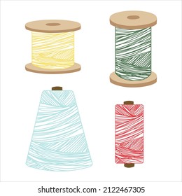 Set of coils of coloured threads. Vector illustration isolated on a white background in a flat style. Collection of sewing threads for tailors.