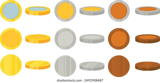 Conjunto de moneda, Moneda de bronce de oro de dibujos animados plana, Medallas colección de Vector.
