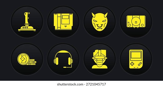 Set Coin for game, Video console, Headphones, Virtual reality glasses, Mask of the devil with horns, Cartridge, Portable video and Joystick arcade machine icon. Vector