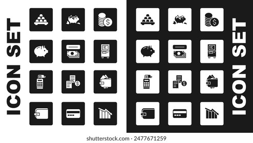 Set Coin money with dollar, ATM and, Piggy bank, Gold bars, Broken piggy, Wallet and Cash register machine icon. Vector