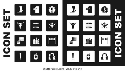 Set Coin money with dollar, Burger, Buffalo skull, Cowboy boot, Eagle, head, Saloon door and Indian headdress feathers icon. Vector