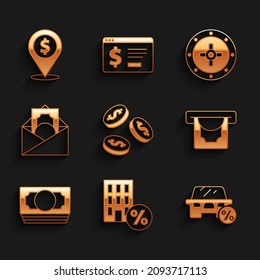 Set Coin Money With Dollar, House Percant Discount, Car Leasing Percent, ATM And, Stacks Paper Cash, Envelope Symbol, Safe And Cash Location Icon. Vector