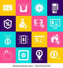 Set Coin money with dollar, House percant discount, Monitor, Safe, Money bag, Loan percent, Laptop and  icon. Vector